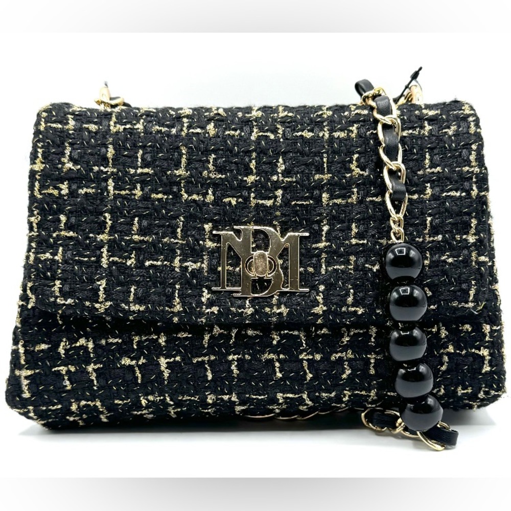 Badgley Mischka Elegant Black and Gold Tweed Crossbody Bag